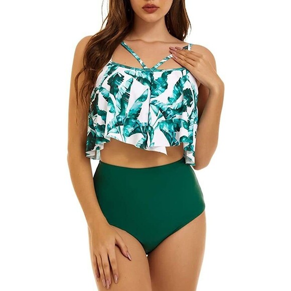 Peddney Womens Green Leaf Ruffle Flounce High Waisted Bikini Swimsuit - Small - Picture 1 of 4